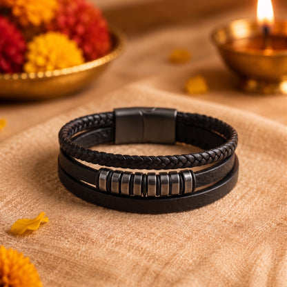 THE MEN THING The Perfect Rakhi Gift For Every Brother – NOIR BRAID BLACK - Premium Genuine Leather Bracelet With Timeless Style (8 Inch)