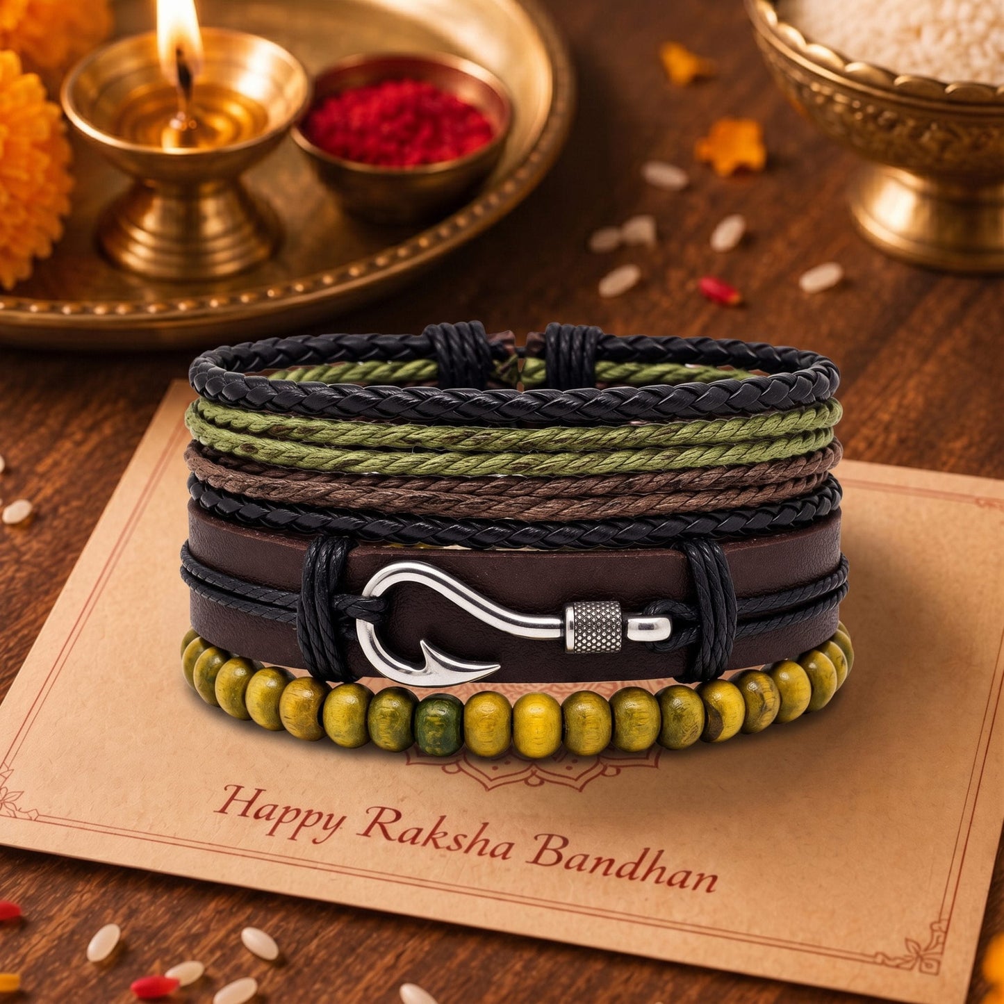THE MEN THING The Perfect Rakhi Gift For Every Brother – OLIVE HOOK STACK - Leather Adjustable Bracelets With Timeless Style