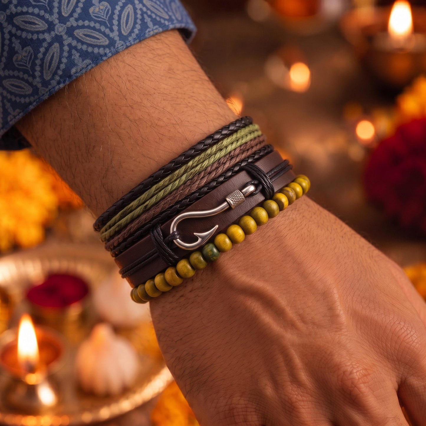 THE MEN THING The Perfect Rakhi Gift For Every Brother – OLIVE HOOK STACK - Leather Adjustable Bracelets With Timeless Style
