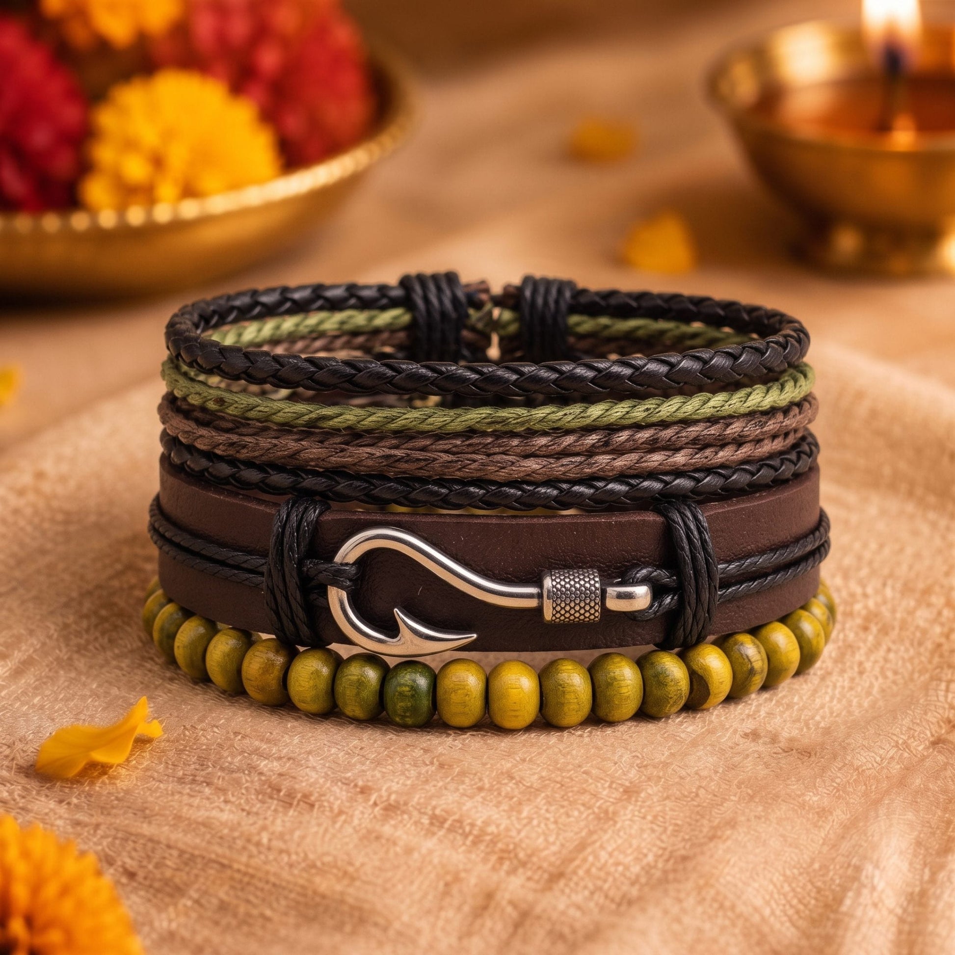 THE MEN THING The Perfect Rakhi Gift For Every Brother – OLIVE HOOK STACK - Leather Adjustable Bracelets With Timeless Style