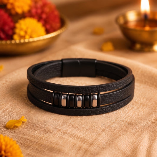 THE MEN THING The Perfect Rakhi Gift For Every Brother – ONYX BARS - Premium Genuine Leather Bracelet With Timeless Style (8 Inch)