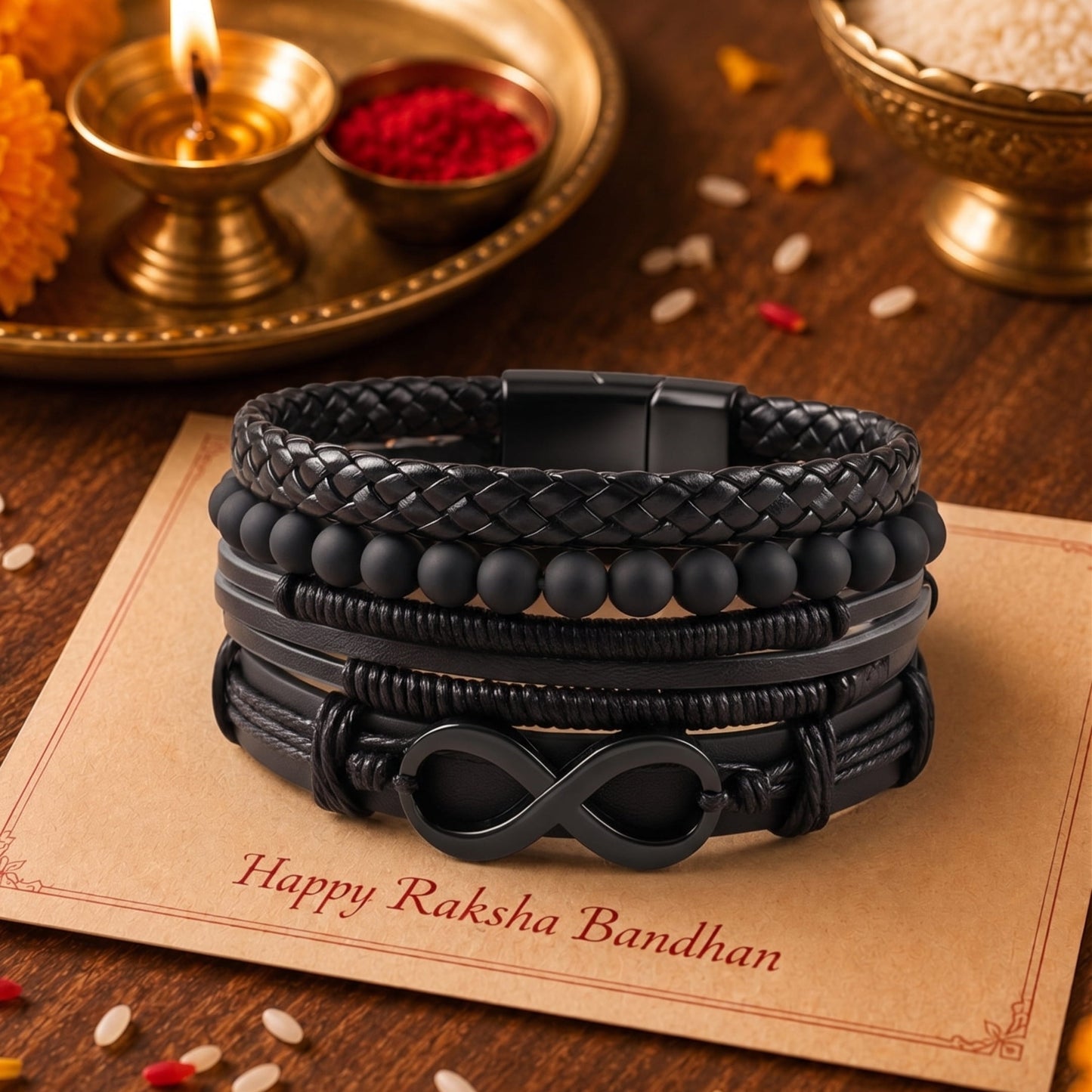 THE MEN THING The Perfect Rakhi Gift For Every Brother – QUADRA-FUSION INFINITY BLACK - Wrap Infinity Bracelet for Men & Boys (8inch)
