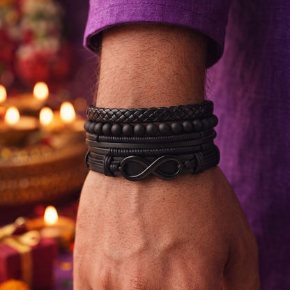 THE MEN THING The Perfect Rakhi Gift For Every Brother – QUADRA-FUSION INFINITY BLACK - Wrap Infinity Bracelet for Men & Boys (8inch)