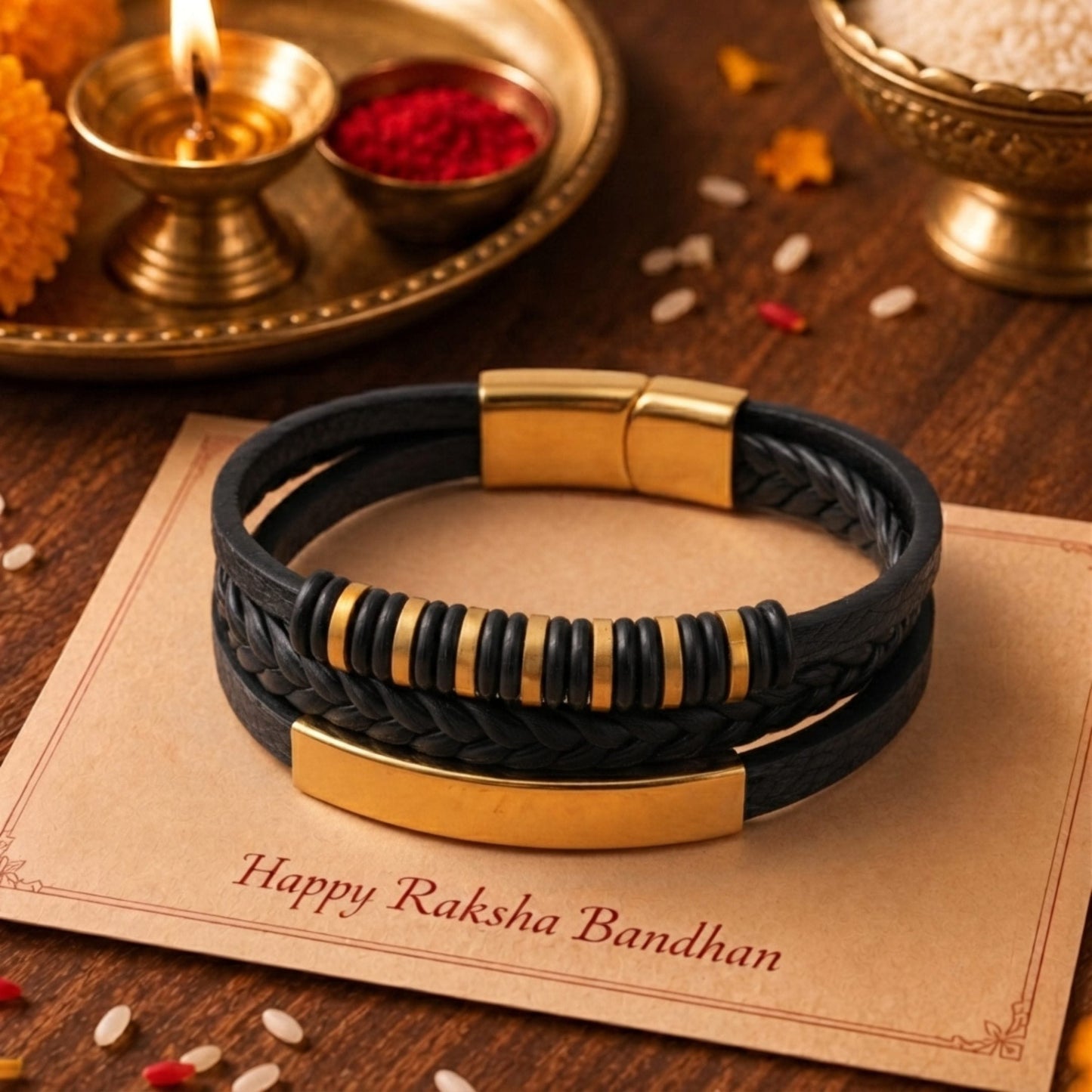 THE MEN THING The Perfect Rakhi Gift For Every Brother – RAVEN RINGS BLACK - Premium Leather Bracelet With Timeless Style (8 Inch)