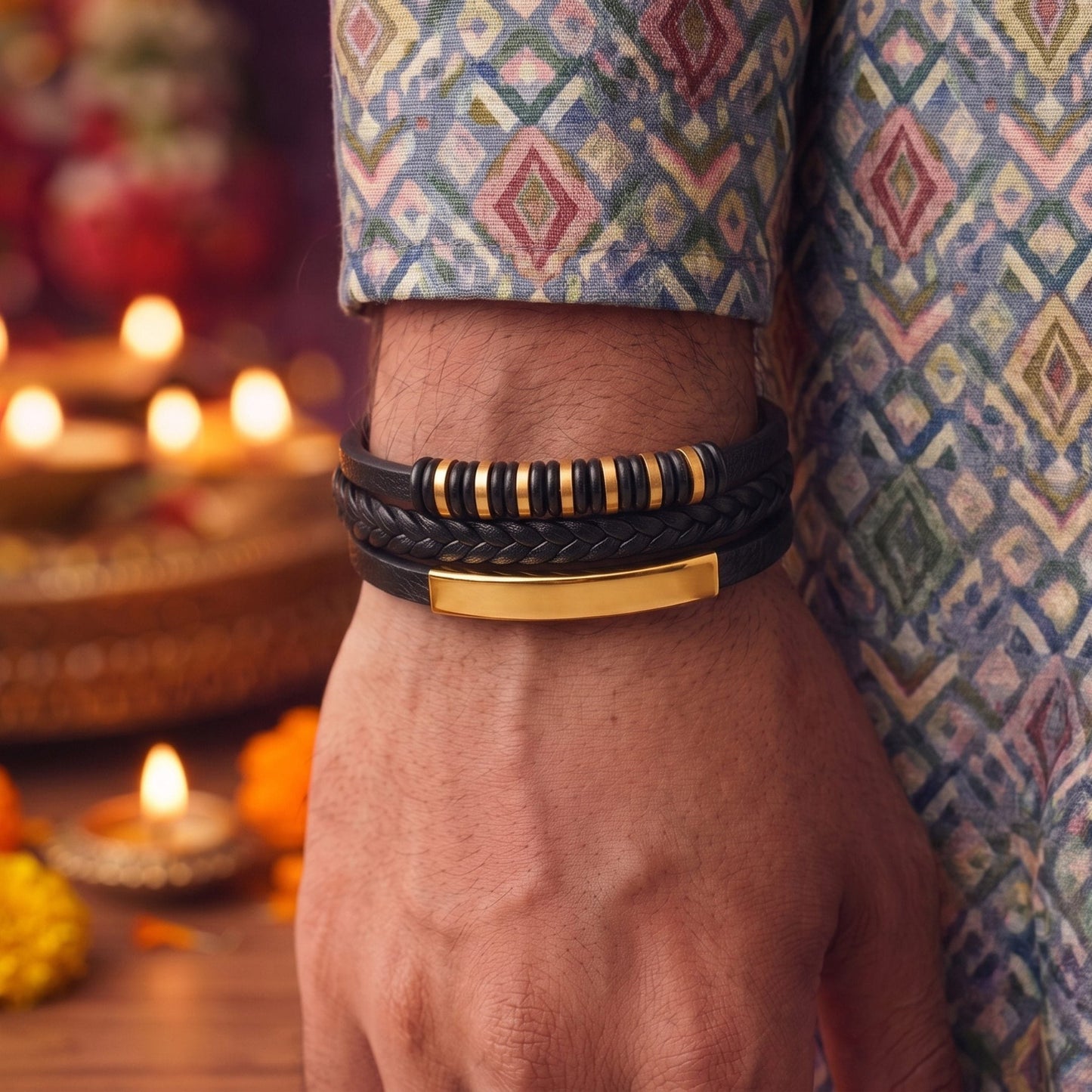 THE MEN THING The Perfect Rakhi Gift For Every Brother – RAVEN RINGS BLACK - Premium Leather Bracelet With Timeless Style (8 Inch)
