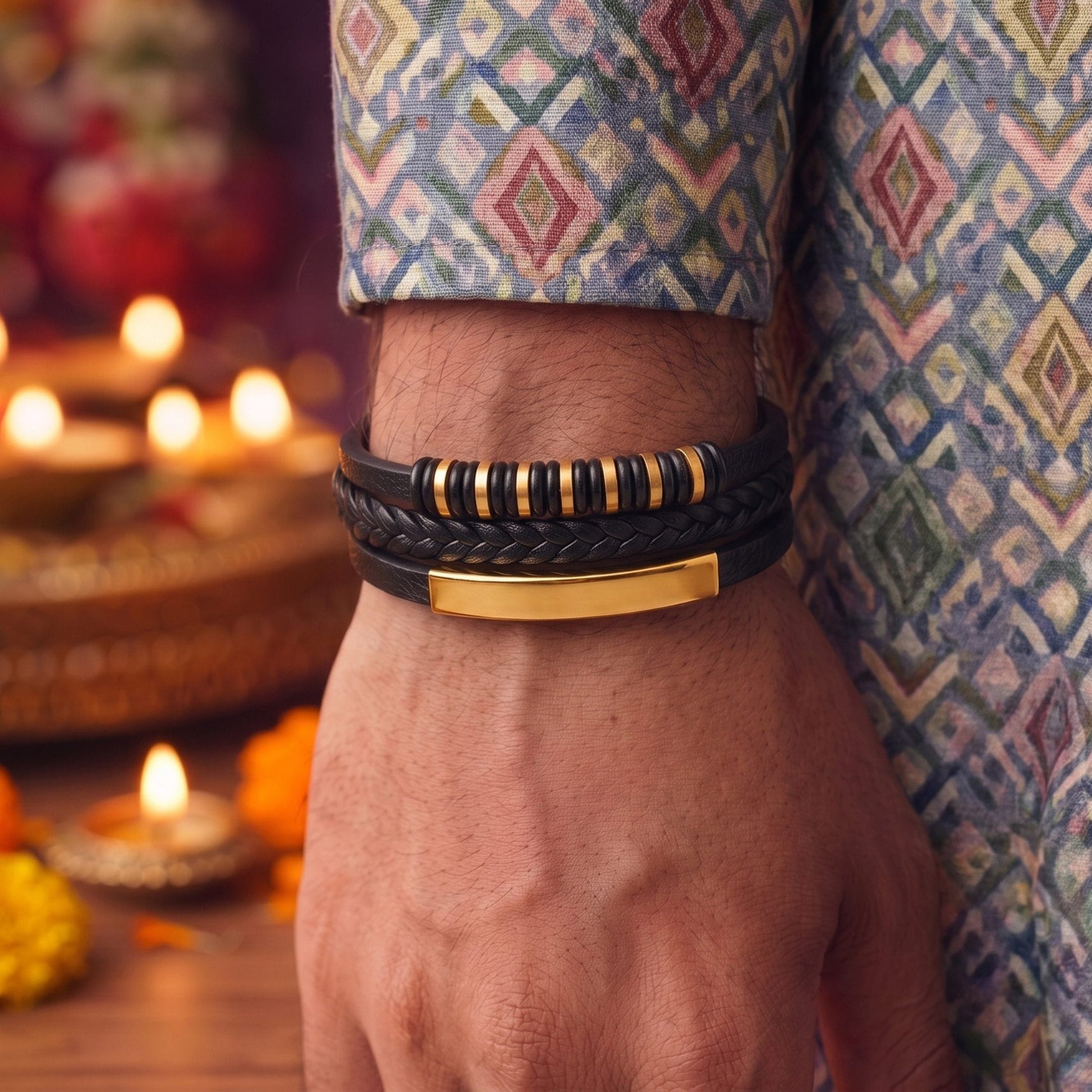 THE MEN THING The Perfect Rakhi Gift For Every Brother – RAVEN RINGS BLACK - Premium Leather Bracelet With Timeless Style (8 Inch)