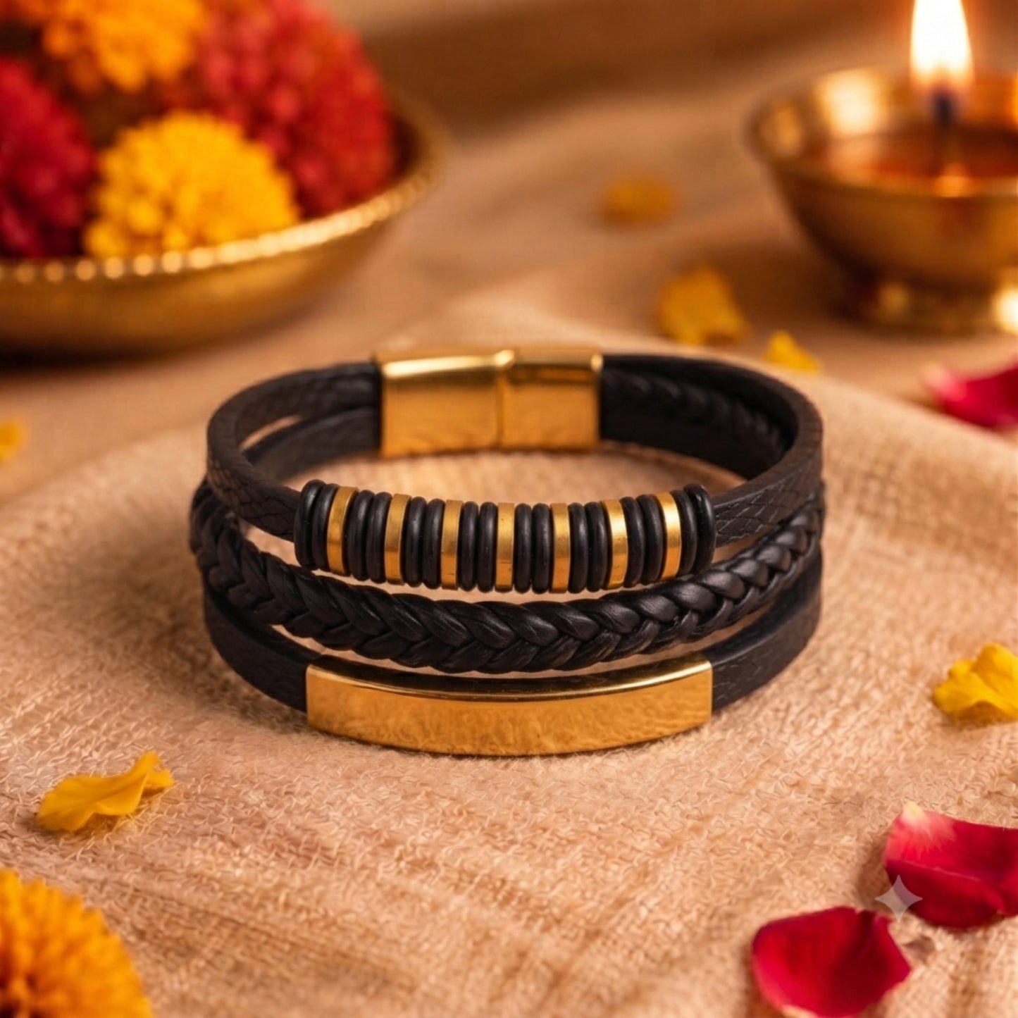 THE MEN THING The Perfect Rakhi Gift For Every Brother – RAVEN RINGS BLACK - Premium Leather Bracelet With Timeless Style (8 Inch)