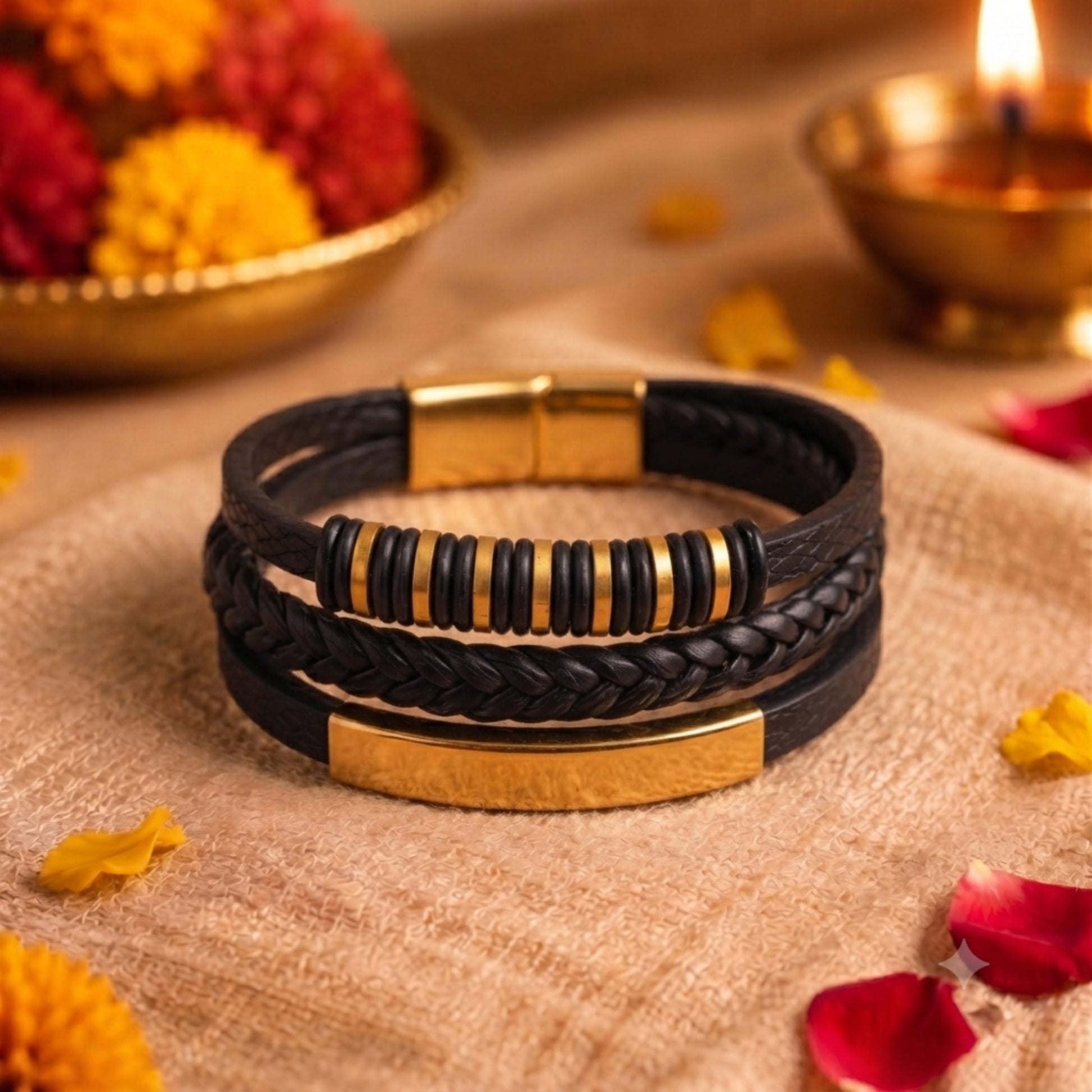 THE MEN THING The Perfect Rakhi Gift For Every Brother – RAVEN RINGS BLACK - Premium Leather Bracelet With Timeless Style (8 Inch)