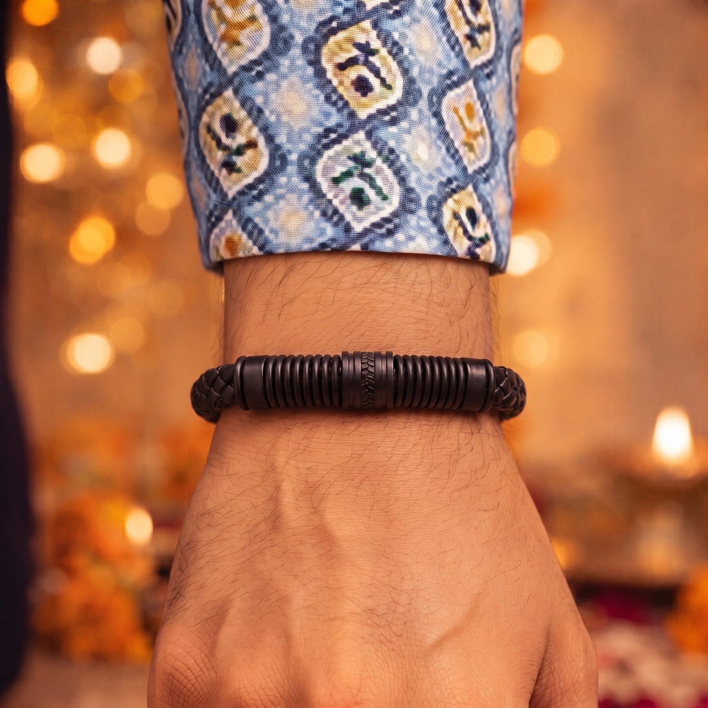 THE MEN THING The Perfect Rakhi Gift For Every Brother – RIBBED ONYX - Premium Genuine Leather Bracelet With Timeless Style (8 Inch)