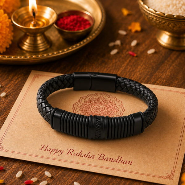 The Perfect Rakhi Gift For Every Brother – RIBBED ONYX - Premium Genuine Leather Bracelet With Timeless Style (8 Inch)
