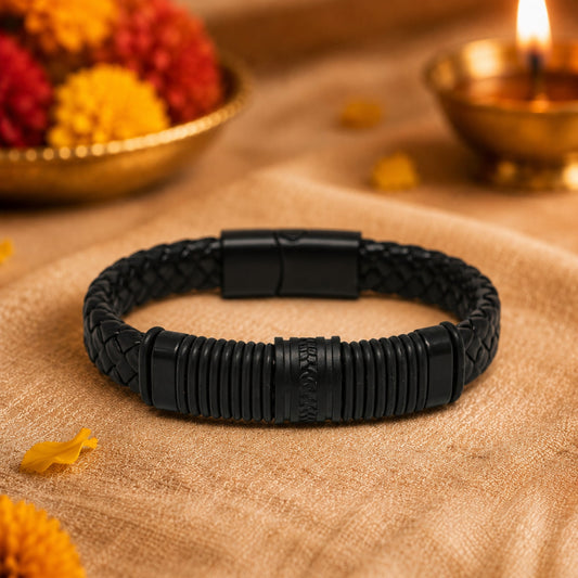 THE MEN THING The Perfect Rakhi Gift For Every Brother – RIBBED ONYX - Premium Genuine Leather Bracelet With Timeless Style (8 Inch)