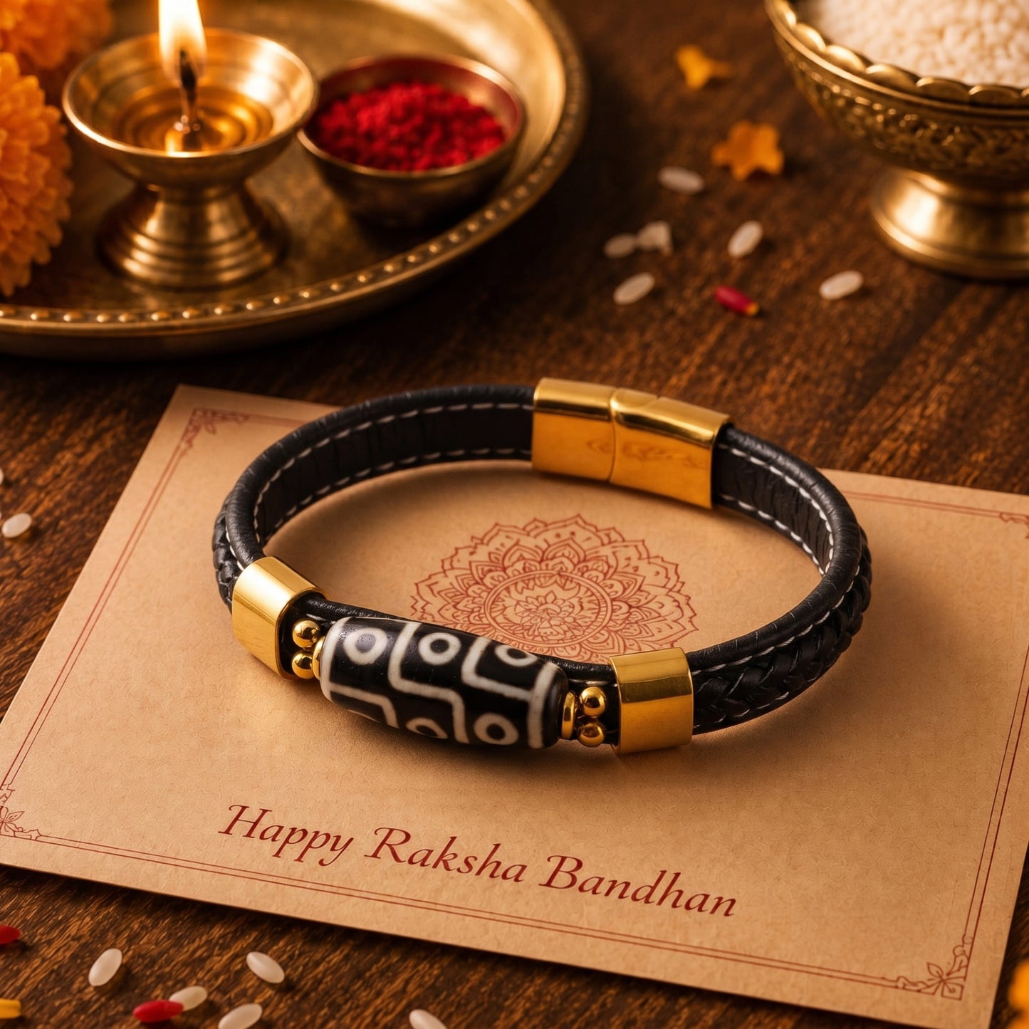 THE MEN THING The Perfect Rakhi Gift For Every Brother – ROYAL DZI - BLACK - Premium Genuine Leather Bracelet With Timeless Style (8 Inch)