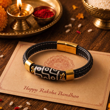 THE MEN THING The Perfect Rakhi Gift For Every Brother – ROYAL DZI - BLACK - Premium Genuine Leather Bracelet With Timeless Style (8 Inch)