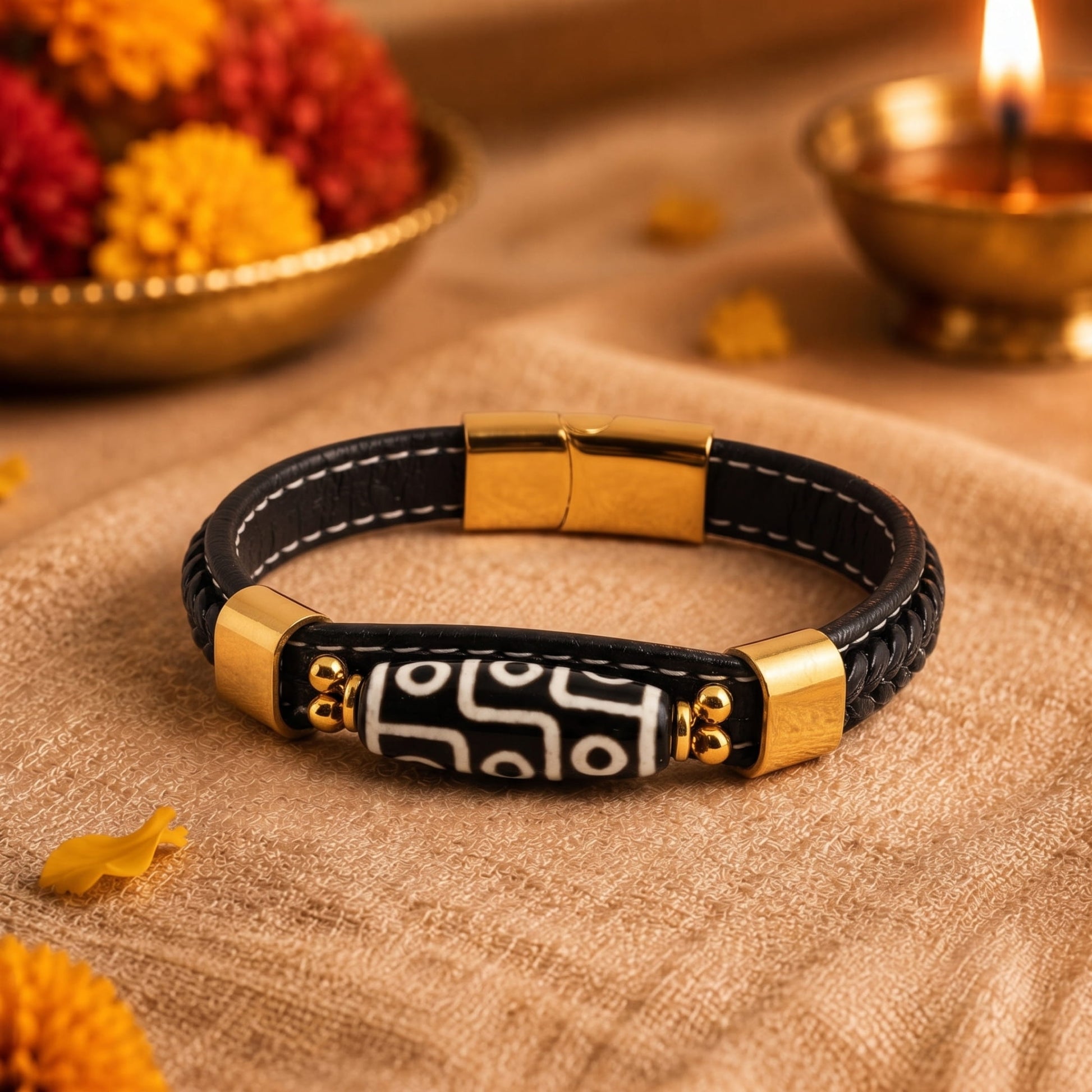 THE MEN THING The Perfect Rakhi Gift For Every Brother – ROYAL DZI - BLACK - Premium Genuine Leather Bracelet With Timeless Style (8 Inch)