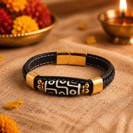 THE MEN THING The Perfect Rakhi Gift For Every Brother – ROYAL DZI - BLACK - Premium Genuine Leather Bracelet With Timeless Style (8 Inch)