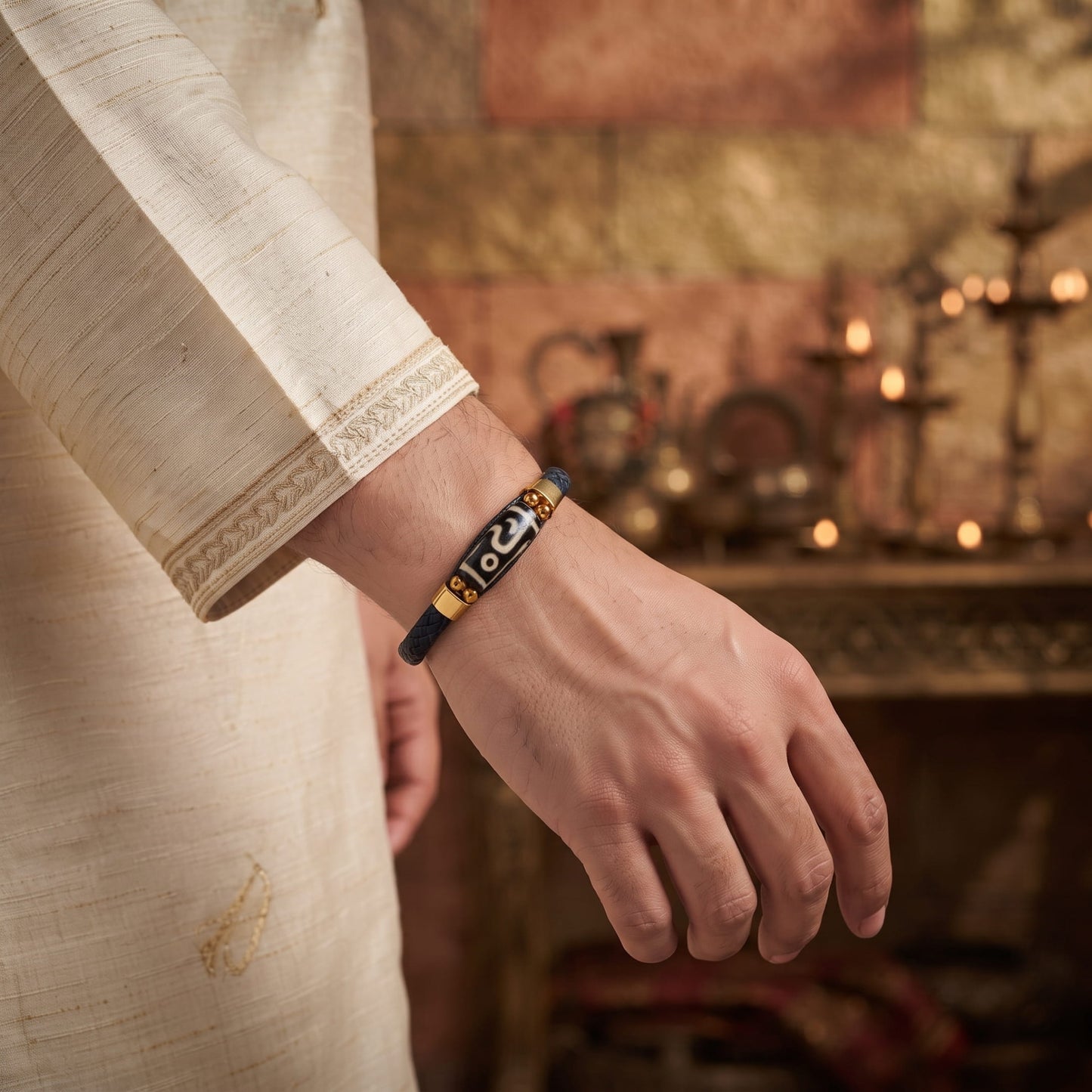 THE MEN THING The Perfect Rakhi Gift For Every Brother – ROYAL DZI - GREEN - Premium Genuine Leather Bracelet With Timeless Style (8 Inch)