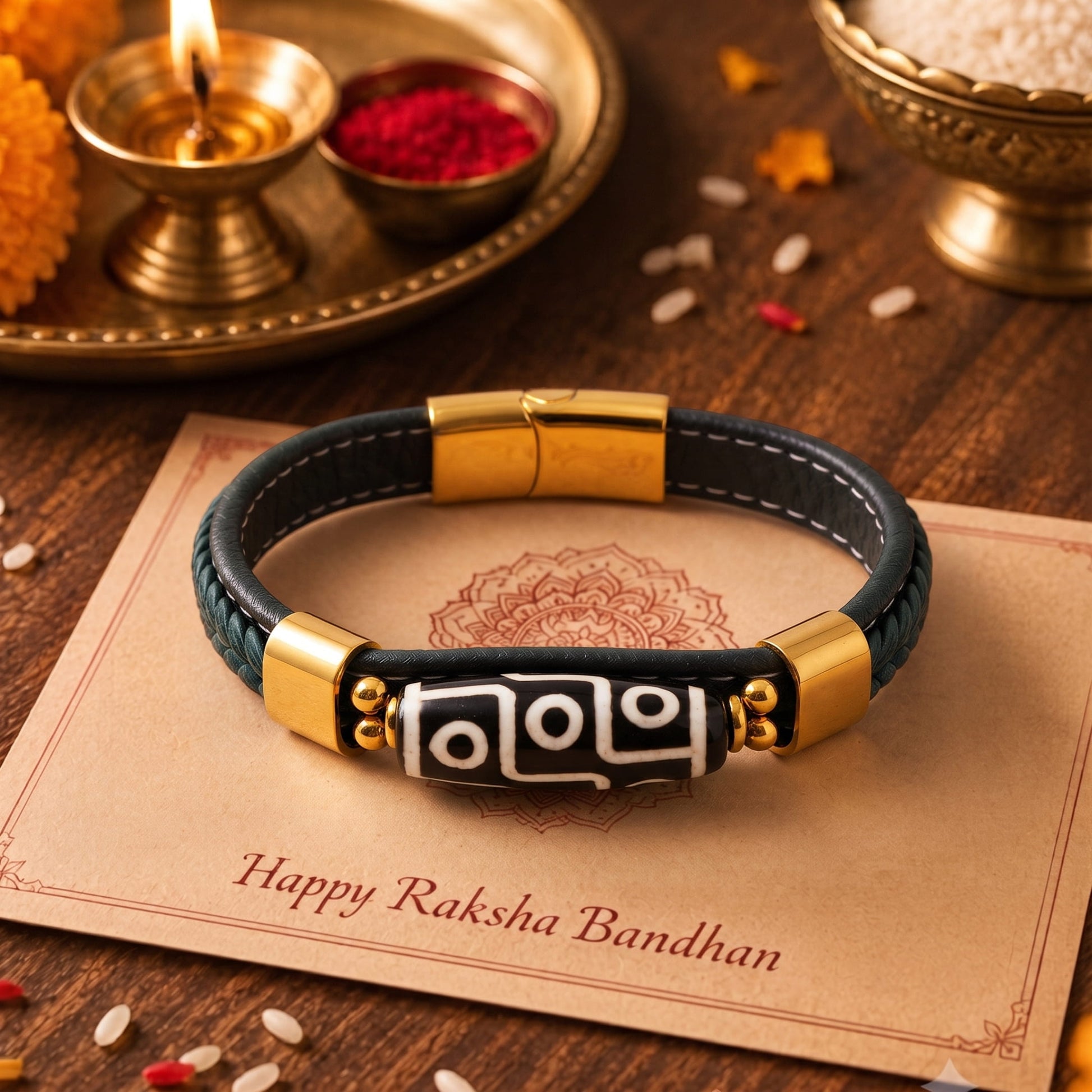 THE MEN THING The Perfect Rakhi Gift For Every Brother – ROYAL DZI - GREEN - Premium Genuine Leather Bracelet With Timeless Style (8 Inch)