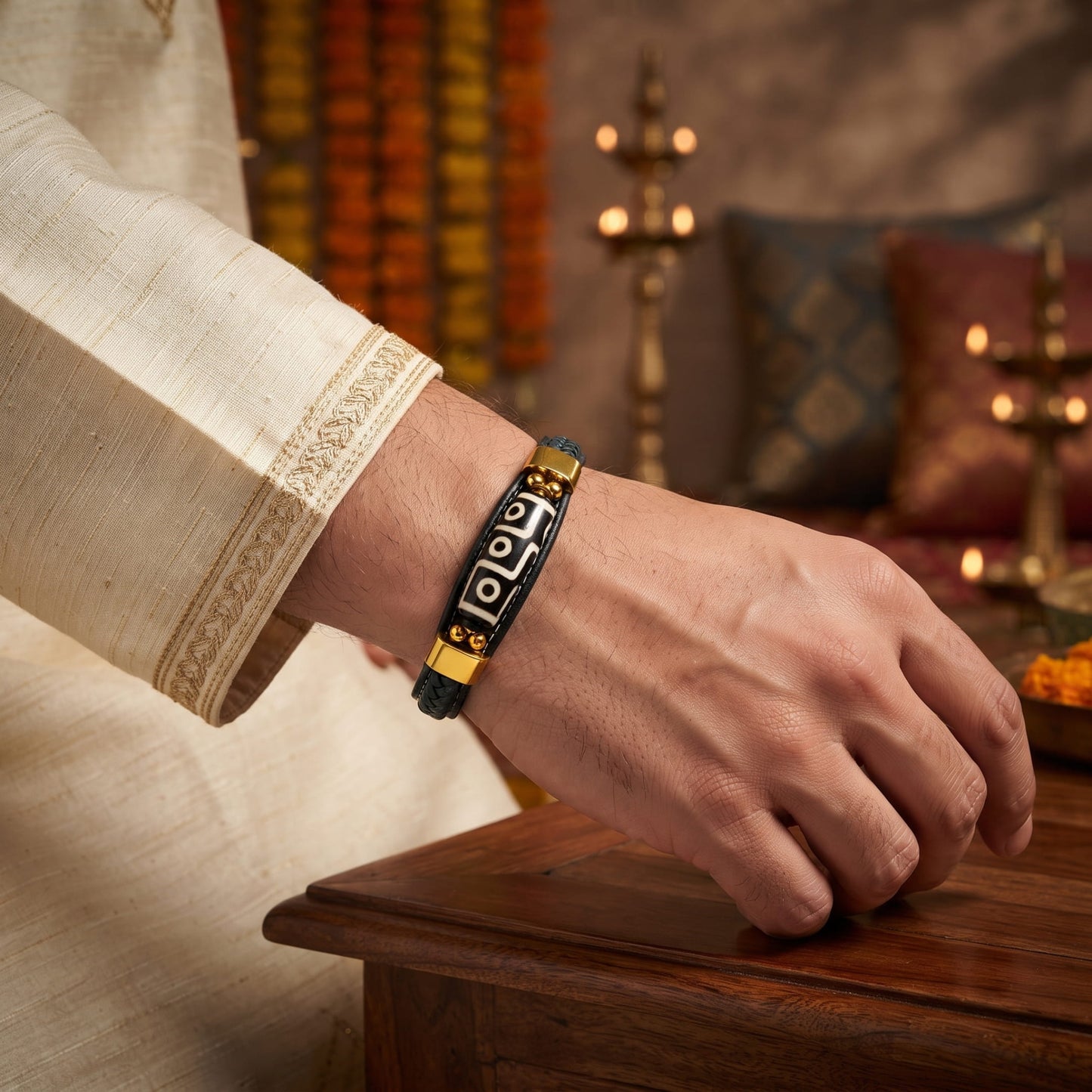 THE MEN THING The Perfect Rakhi Gift For Every Brother – ROYAL DZI - GREEN - Premium Genuine Leather Bracelet With Timeless Style (8 Inch)