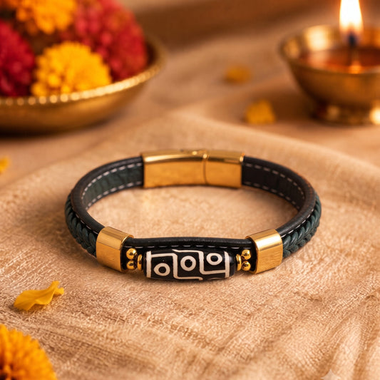 THE MEN THING The Perfect Rakhi Gift For Every Brother – ROYAL DZI - GREEN - Premium Genuine Leather Bracelet With Timeless Style (8 Inch)