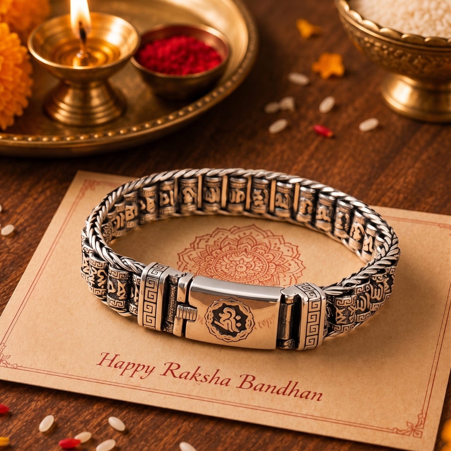 THE MEN THING The Perfect Rakhi Gift For Every Brother – SIX SIGN MANTRA LINK Premium Alloy Bracelet With Timeless Style (8 Inch)