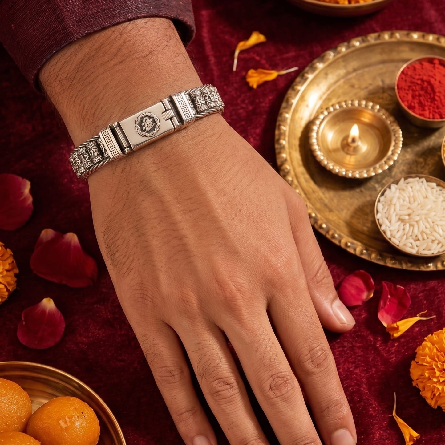 THE MEN THING The Perfect Rakhi Gift For Every Brother – SIX SIGN MANTRA LINK Premium Alloy Bracelet With Timeless Style (8 Inch)