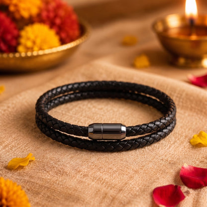THE MEN THING The Perfect Rakhi Gift For Every Brother – STARRY TWINE BLACK Premium Leather Bracelets With Timeless Style (8 Inch)