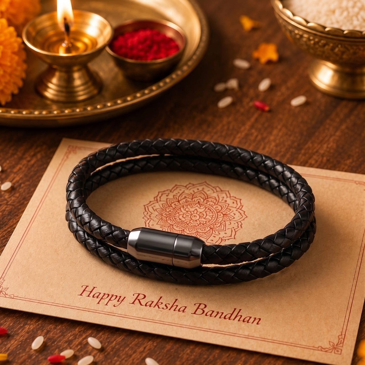 THE MEN THING The Perfect Rakhi Gift For Every Brother – STARRY TWINE BLACK Premium Leather Bracelets With Timeless Style (8 Inch)
