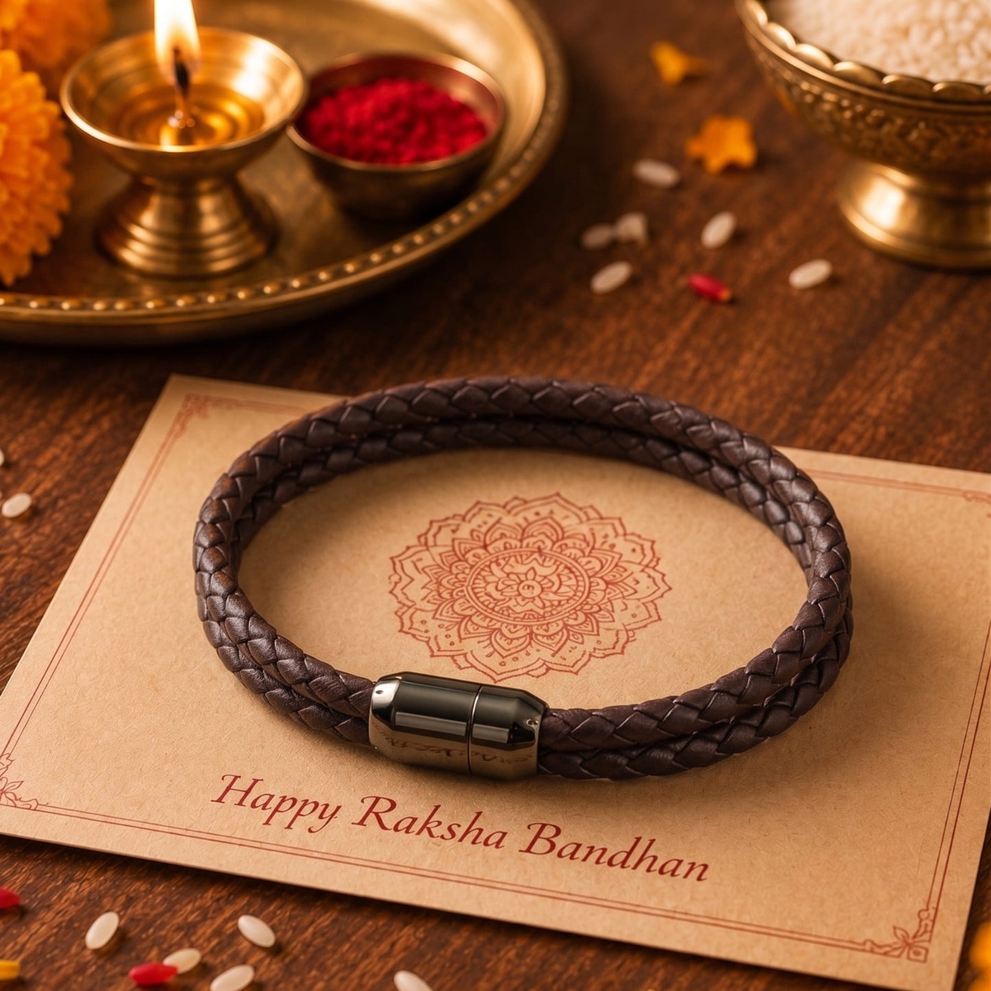 THE MEN THING The Perfect Rakhi Gift For Every Brother – STARRY TWINE BROWN - Premium Genuine Leather Bracelet With Timeless Style (8 Inch)