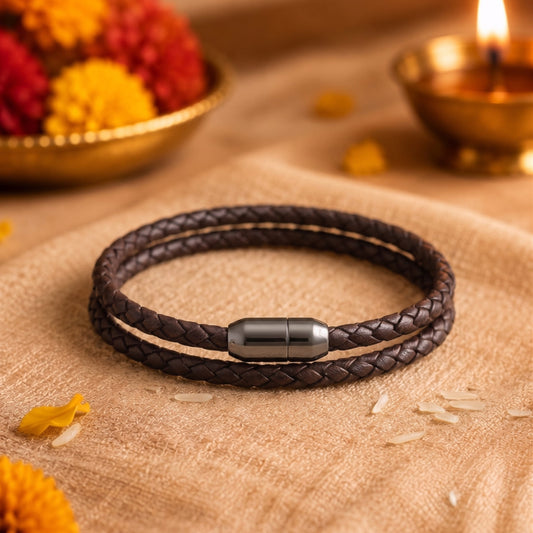 THE MEN THING The Perfect Rakhi Gift For Every Brother – STARRY TWINE BROWN - Premium Genuine Leather Bracelet With Timeless Style (8 Inch)