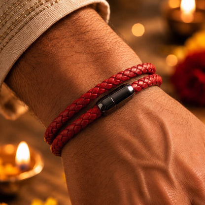 THE MEN THING The Perfect Rakhi Gift For Every Brother – STARRY TWINE RED Premium Leather Bracelets With Timeless Style (8 Inch)