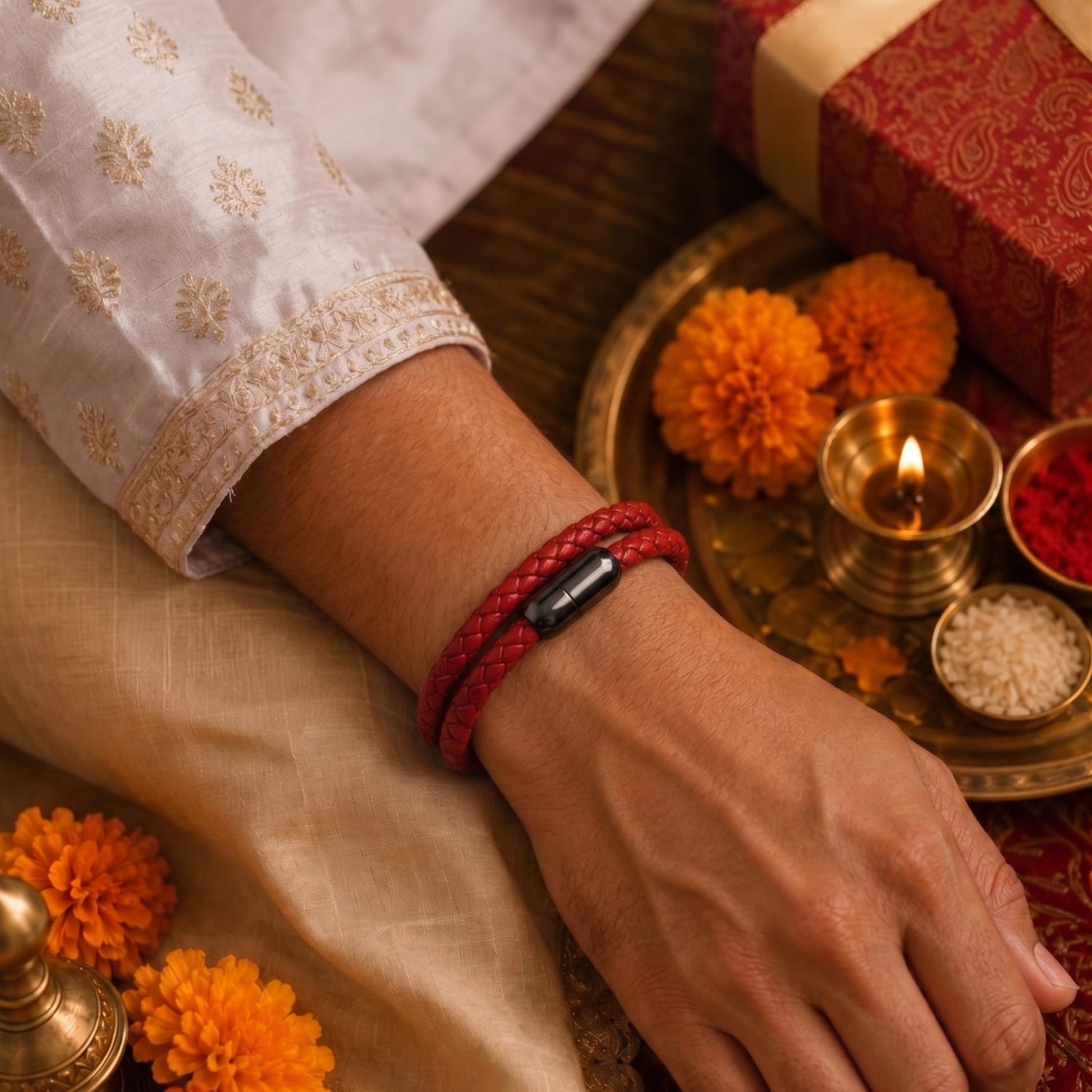 THE MEN THING The Perfect Rakhi Gift For Every Brother – STARRY TWINE RED Premium Leather Bracelets With Timeless Style (8 Inch)