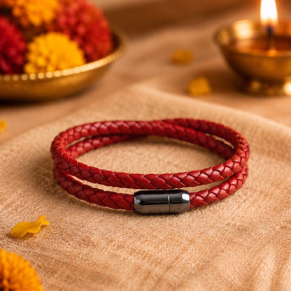 THE MEN THING The Perfect Rakhi Gift For Every Brother – STARRY TWINE RED Premium Leather Bracelets With Timeless Style (8 Inch)