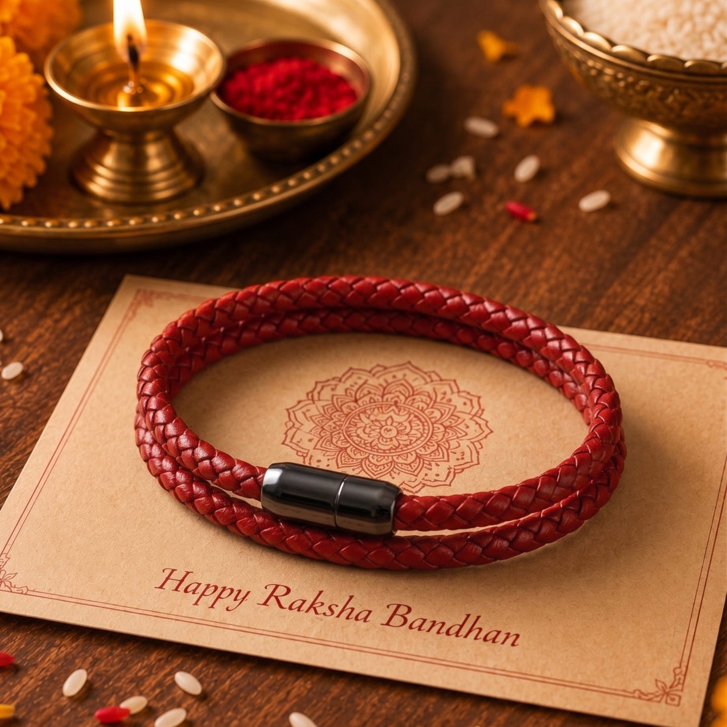 THE MEN THING The Perfect Rakhi Gift For Every Brother – STARRY TWINE RED Premium Leather Bracelets With Timeless Style (8 Inch)