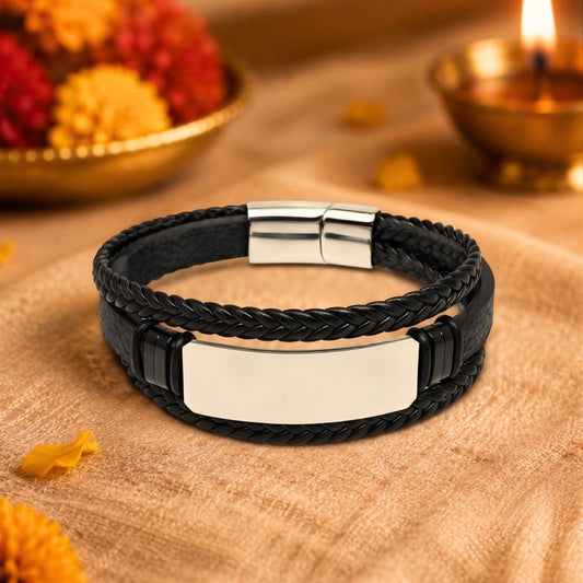 THE MEN THING The Perfect Rakhi Gift For Every Brother – STEEL PLATE BLACK - Premium Genuine Leather Bracelet With Timeless Style (8.5 Inch)
