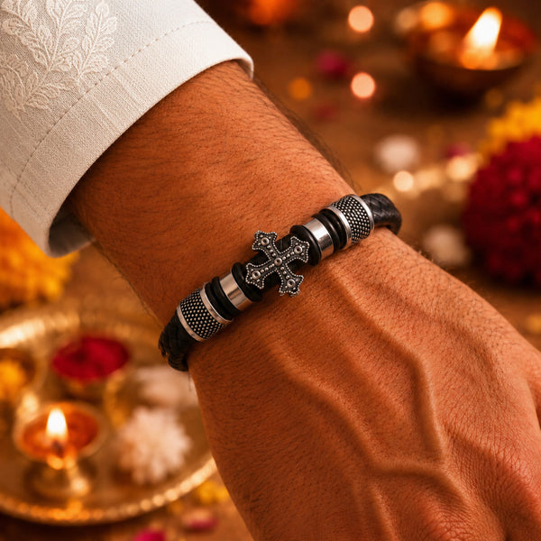 The Perfect Rakhi Gift For Every Brother – TEMPLAR CROSS BLACK - Premium Genuine Leather Bracelet With Timeless Style (8 Inch)