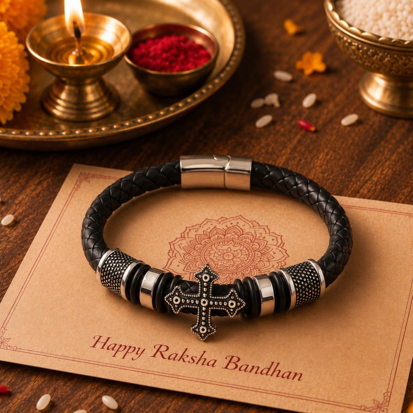 THE MEN THING The Perfect Rakhi Gift For Every Brother – TEMPLAR CROSS BLACK - Premium Genuine Leather Bracelet With Timeless Style (8 Inch)