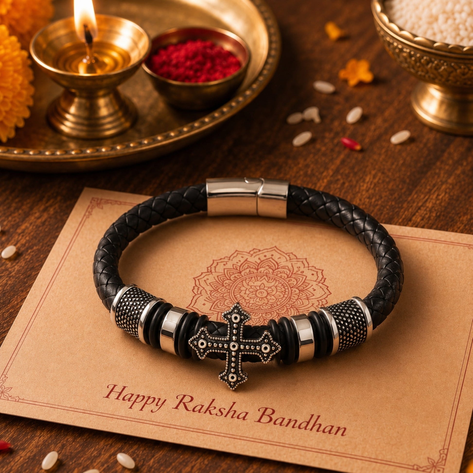 THE MEN THING The Perfect Rakhi Gift For Every Brother – TEMPLAR CROSS BLACK - Premium Genuine Leather Bracelet With Timeless Style (8 Inch)