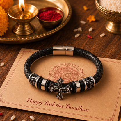THE MEN THING The Perfect Rakhi Gift For Every Brother – TEMPLAR CROSS BLACK - Premium Genuine Leather Bracelet With Timeless Style (8 Inch)