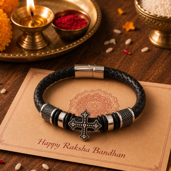 The Perfect Rakhi Gift For Every Brother – TEMPLAR CROSS BLACK - Premium Genuine Leather Bracelet With Timeless Style (8 Inch)