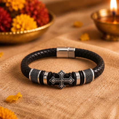 THE MEN THING The Perfect Rakhi Gift For Every Brother – TEMPLAR CROSS BLACK - Premium Genuine Leather Bracelet With Timeless Style (8 Inch)