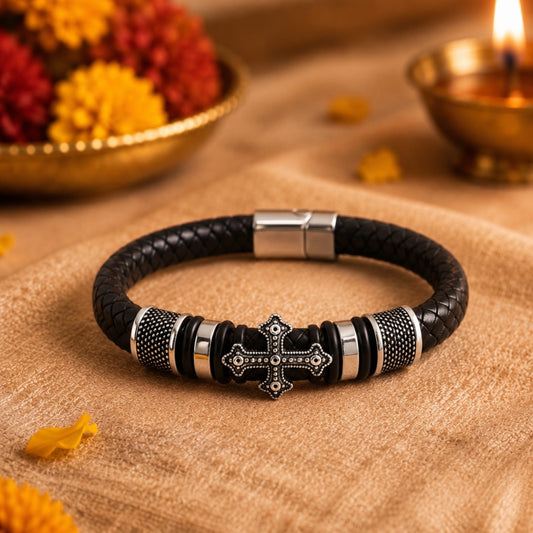 THE MEN THING The Perfect Rakhi Gift For Every Brother – TEMPLAR CROSS BLACK - Premium Genuine Leather Bracelet With Timeless Style (8 Inch)
