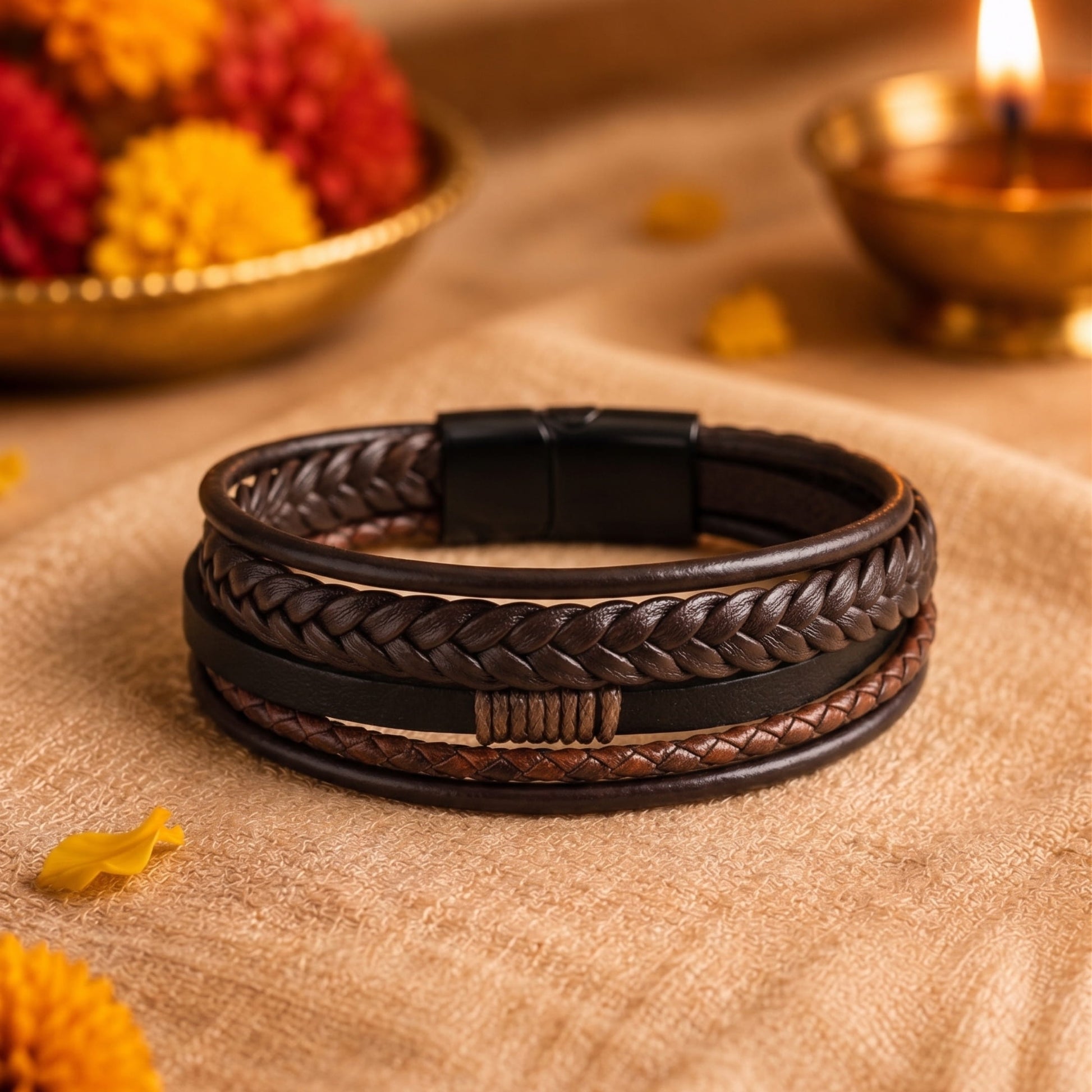 THE MEN THING The Perfect Rakhi Gift For Every Brother – TIERED TREASURE BROWN - Premium Genuine Leather Bracelet With Timeless Style (8 Inch)