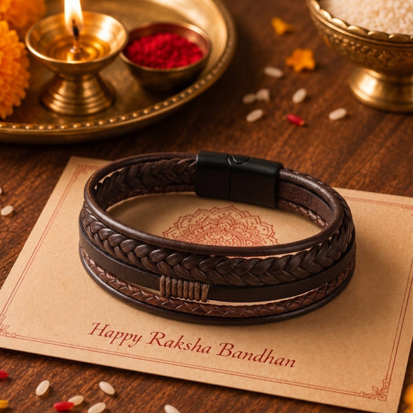 The Perfect Rakhi Gift For Every Brother – TIERED TREASURE BROWN - Premium Genuine Leather Bracelet With Timeless Style (8 Inch)