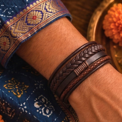 THE MEN THING The Perfect Rakhi Gift For Every Brother – TIERED TREASURE BROWN Premium Leather Bracelet With Timeless Style (8 Inch)