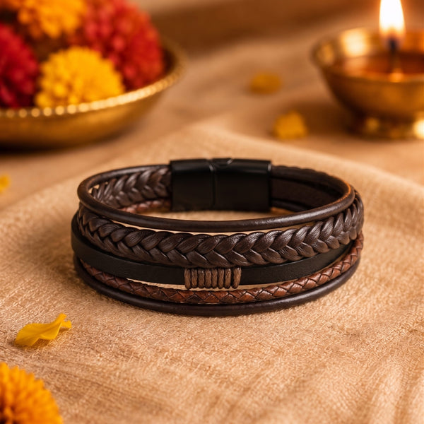 The Perfect Rakhi Gift For Every Brother – TIERED TREASURE BROWN Premium Leather Bracelet With Timeless Style (8 Inch)