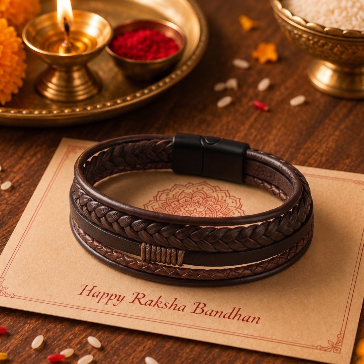 THE MEN THING The Perfect Rakhi Gift For Every Brother – TIERED TREASURE BROWN Premium Leather Bracelet With Timeless Style (8 Inch)
