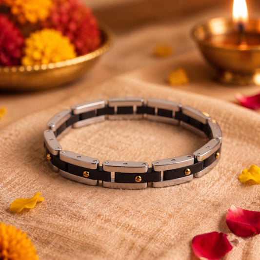 THE MEN THING The Perfect Rakhi Gift For Every Brother – TITAN LINK BLACK - Premium Genuine Leather Bracelet With Timeless Style (8.5 Inch)