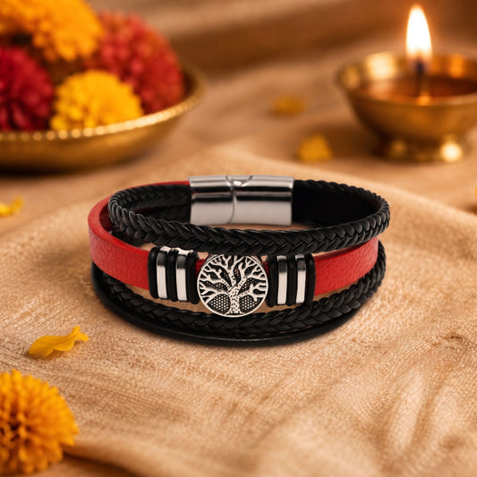 THE MEN THING The Perfect Rakhi Gift For Every Brother – TREE CREST - Premium Genuine Leather Bracelet With Timeless Style (8 Inch)