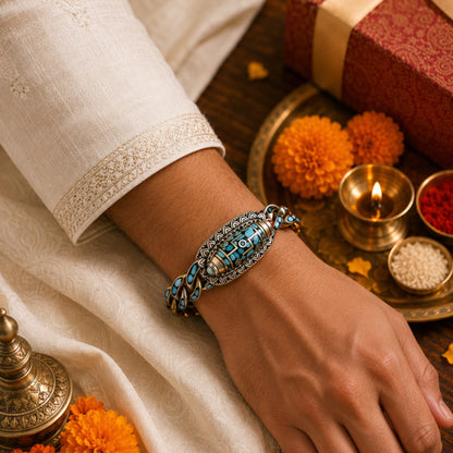 THE MEN THING The Perfect Rakhi Gift For Every Brother – TURQUOISE NINE-EYED DZI - Premium Genuine Copper Bracelet With Timeless Style (8 Inch)