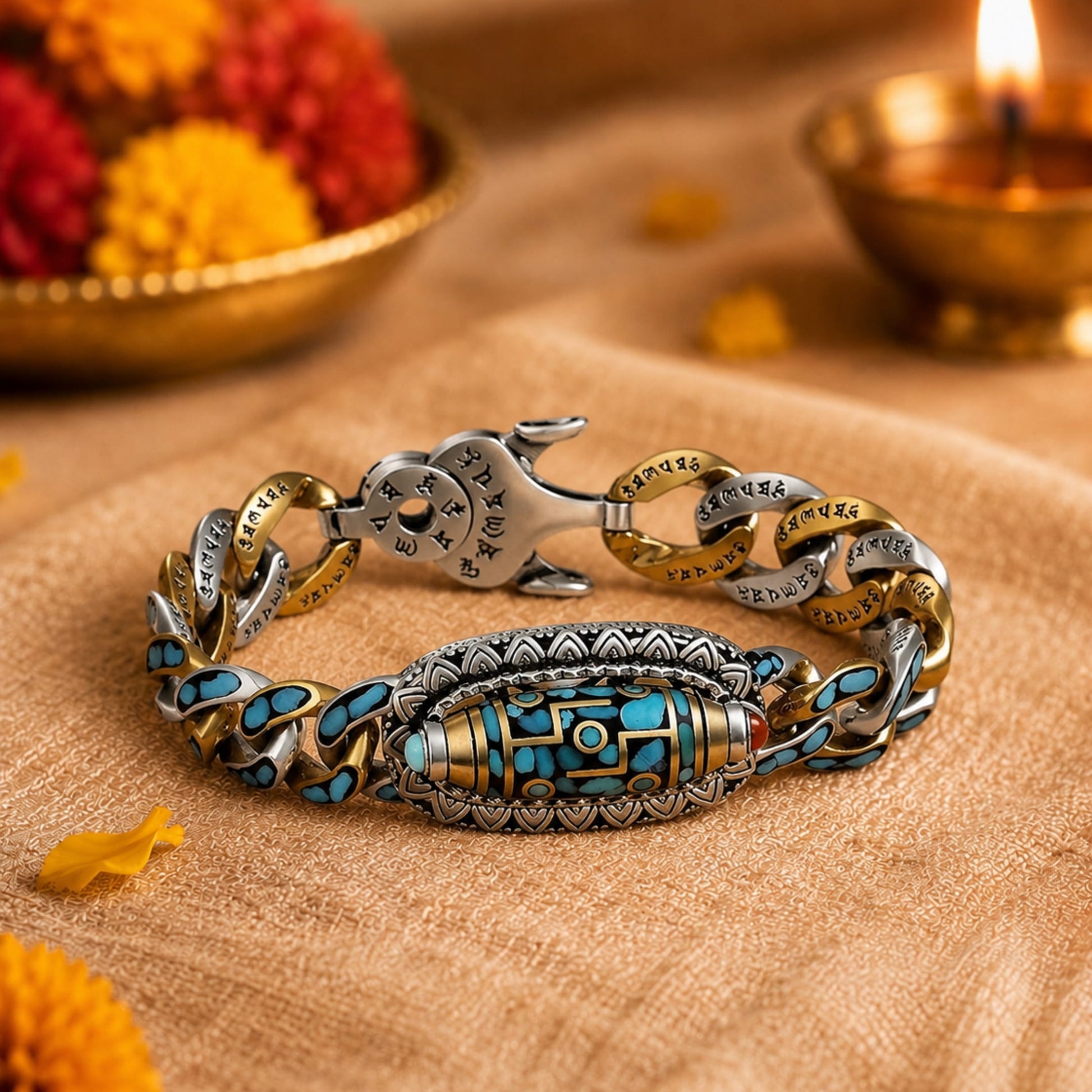 THE MEN THING The Perfect Rakhi Gift For Every Brother – TURQUOISE NINE-EYED DZI - Premium Genuine Copper Bracelet With Timeless Style (8 Inch)